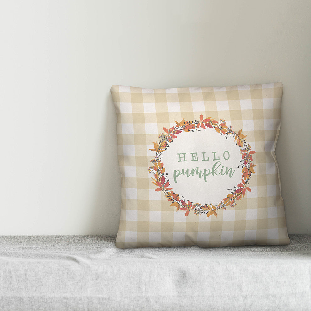 Hello Pumpkin Buffalo Check with Wreath 18"x18" Throw Pillow