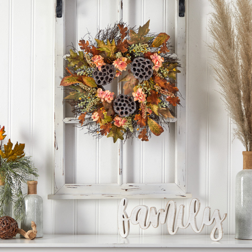 W1249 22 Autumn Hydrangea, Dried Lotus Pod Artificial Fall Wreath
