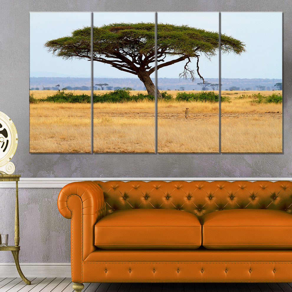 Acadia Tree and Cheetah in Africa, Landscape Canvas Art, 48"x28", 4 Panels
