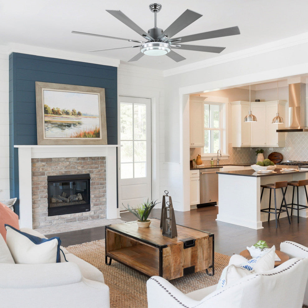 72" Modern Ceiling Fan with Reversible Blades, Dimmable Light and Remote, Chrome, 72"
