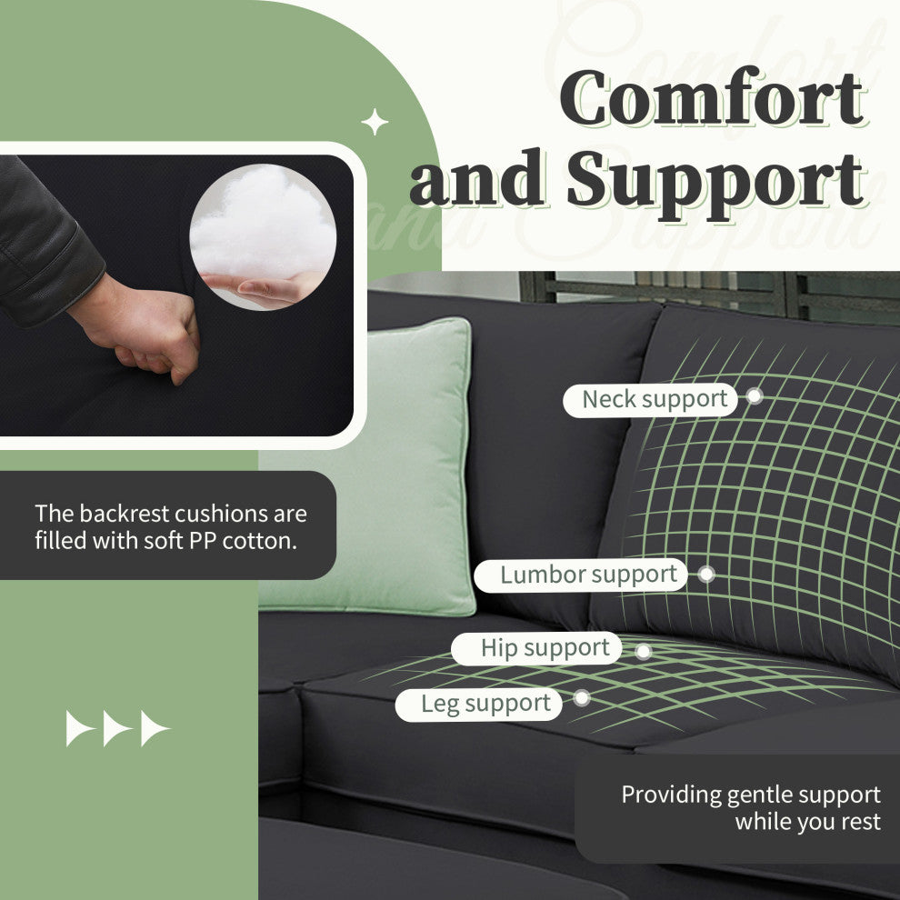 7-Seat Fabric Modular Sectional Sofa Couch Set with Ottoman and Pillows, Black
