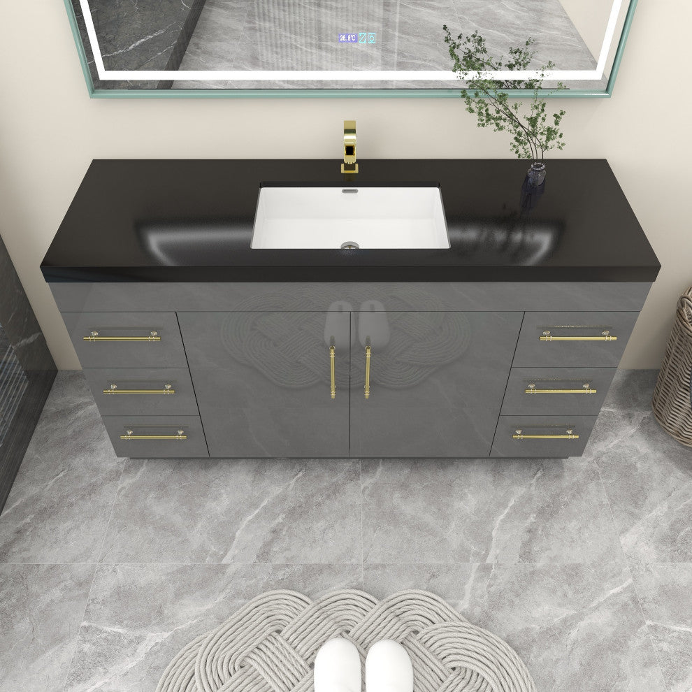 Rosa 60" Free Standing Modern Vanity, High Gloss Gray, Matt Black Top