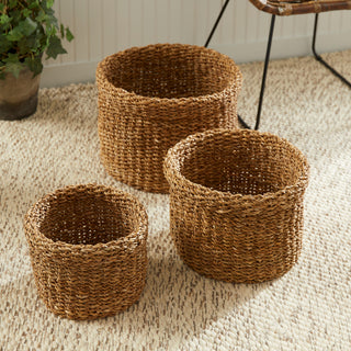 Seagrass Round Baskets With Cuffs, Set of 3