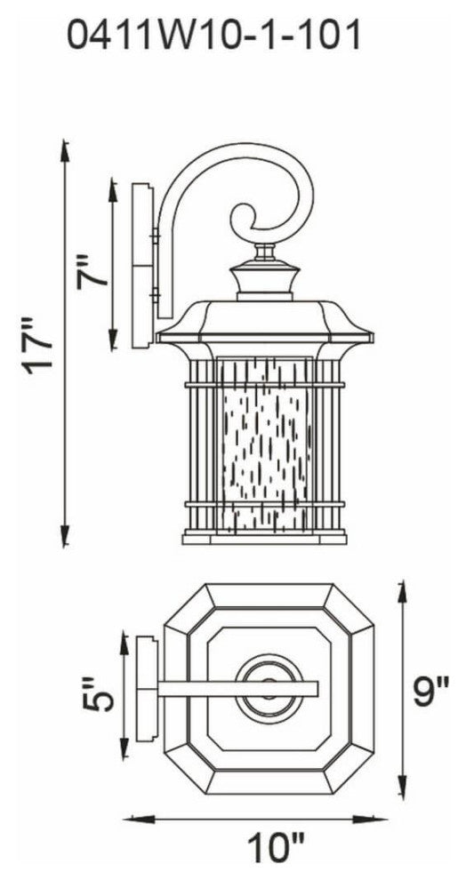 1 Light Tall Outdoor Wall Lantern, Black With Water Glass, 17.00
