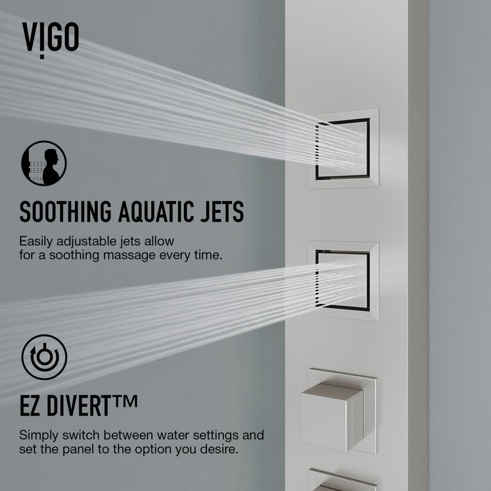 Bowery 58" H x 5" W 4-Jet Shower Panel with Square Shower Head and Tub Filler, Stainless