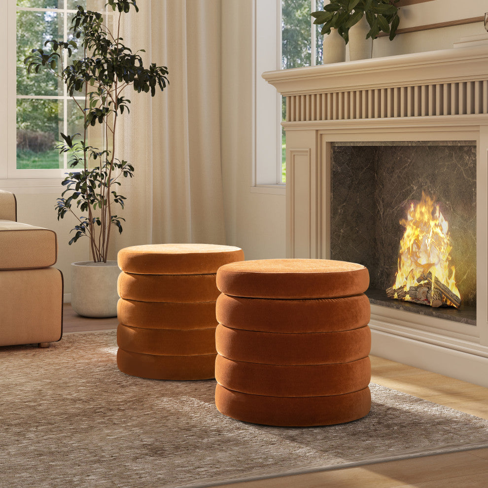 Fuji 19" Oversized Horizontal Tufted Round Storage Ottoman, Burnt Orange Velvet