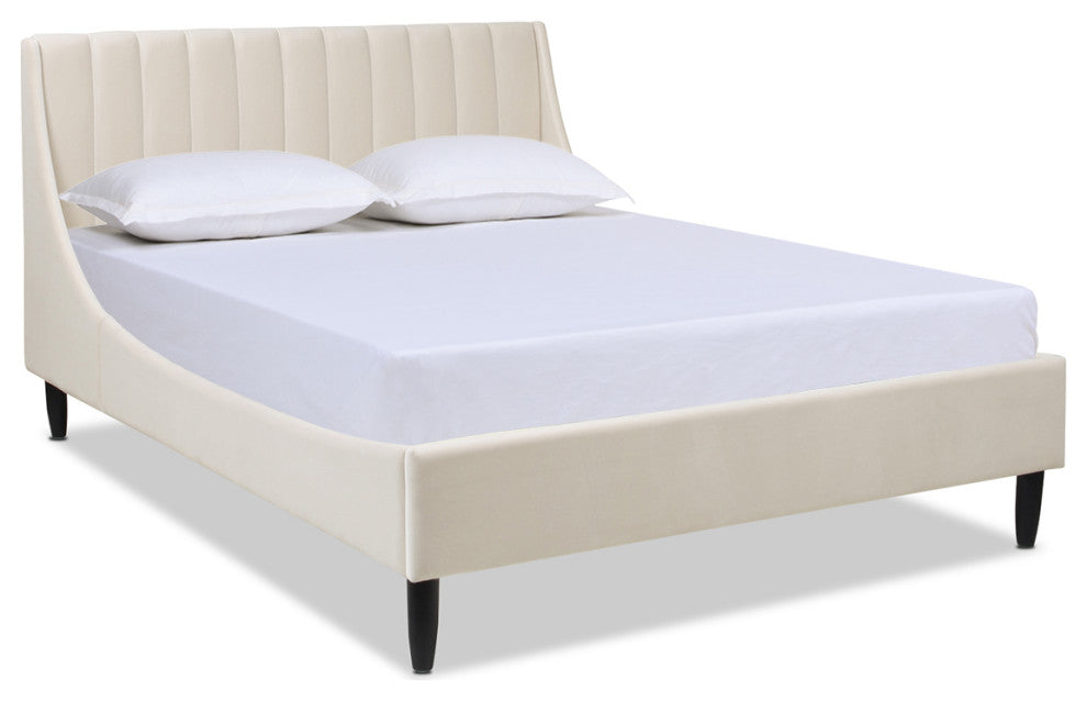 Aspen Modern Vertical Tufted Upholstered Platform Bed, French Beige Performance Velvet, Queen