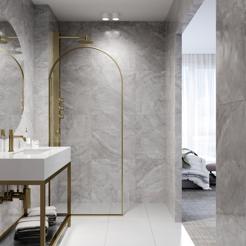 VIGO Arden 34" W x 78" H Framed Fixed Shower Screen, Matte Brushed Gold, Clear Glass