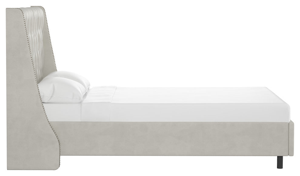 Williams Twin Nail Button Wingback Platform Bed, Velvet Light Gray