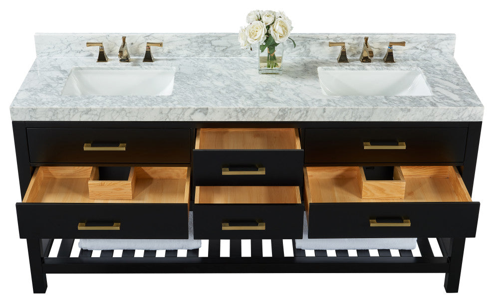 Arcadia Bath Vanity, Black Onyx, 72", Gold Hardware, Double, Freestanding