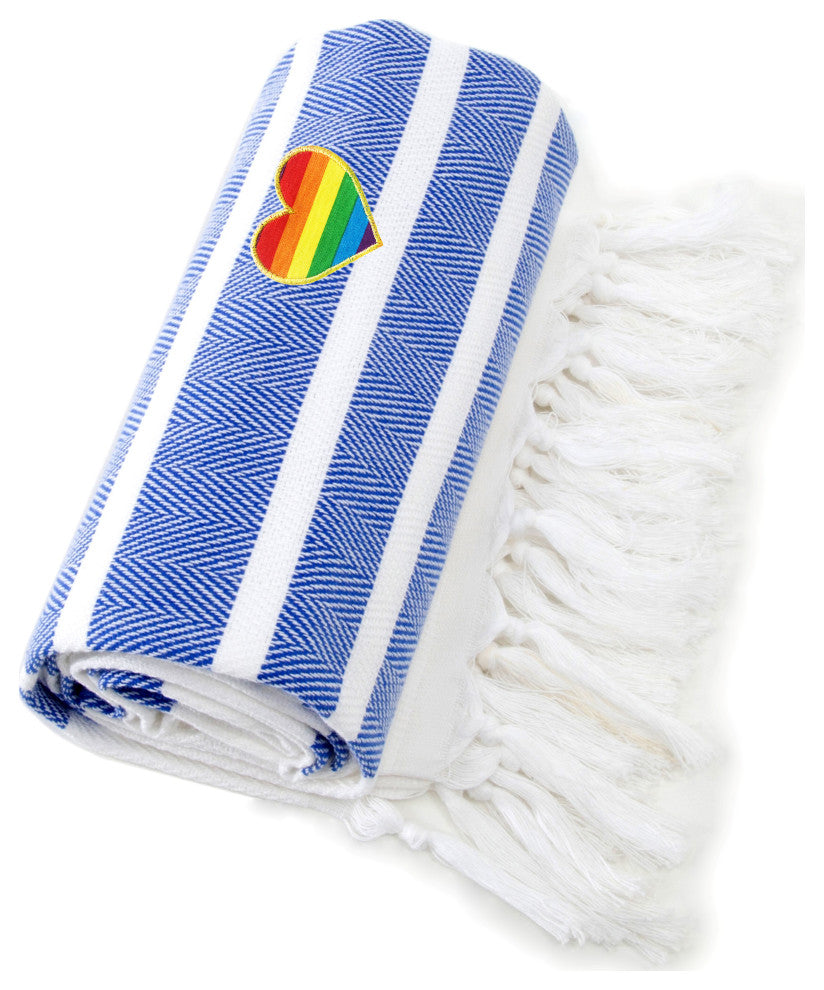 Herringbone Cheerful Rainbow Heart Pestemal Beach Towel, Royal Blue & White