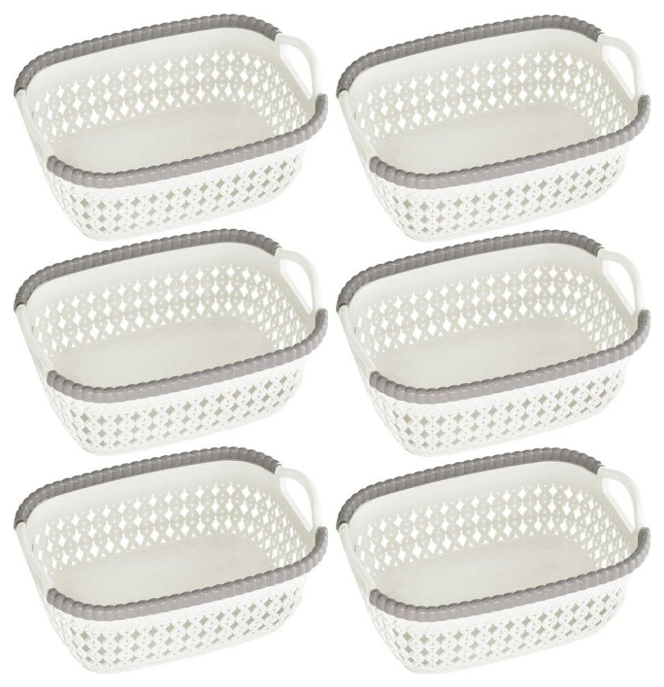 Rattan Plastic Weave Storage Bin, White, Small, 6-Pack