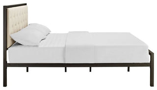 Mia Full Tufted Upholstered Fabric and Steel Bed, Brown Beige