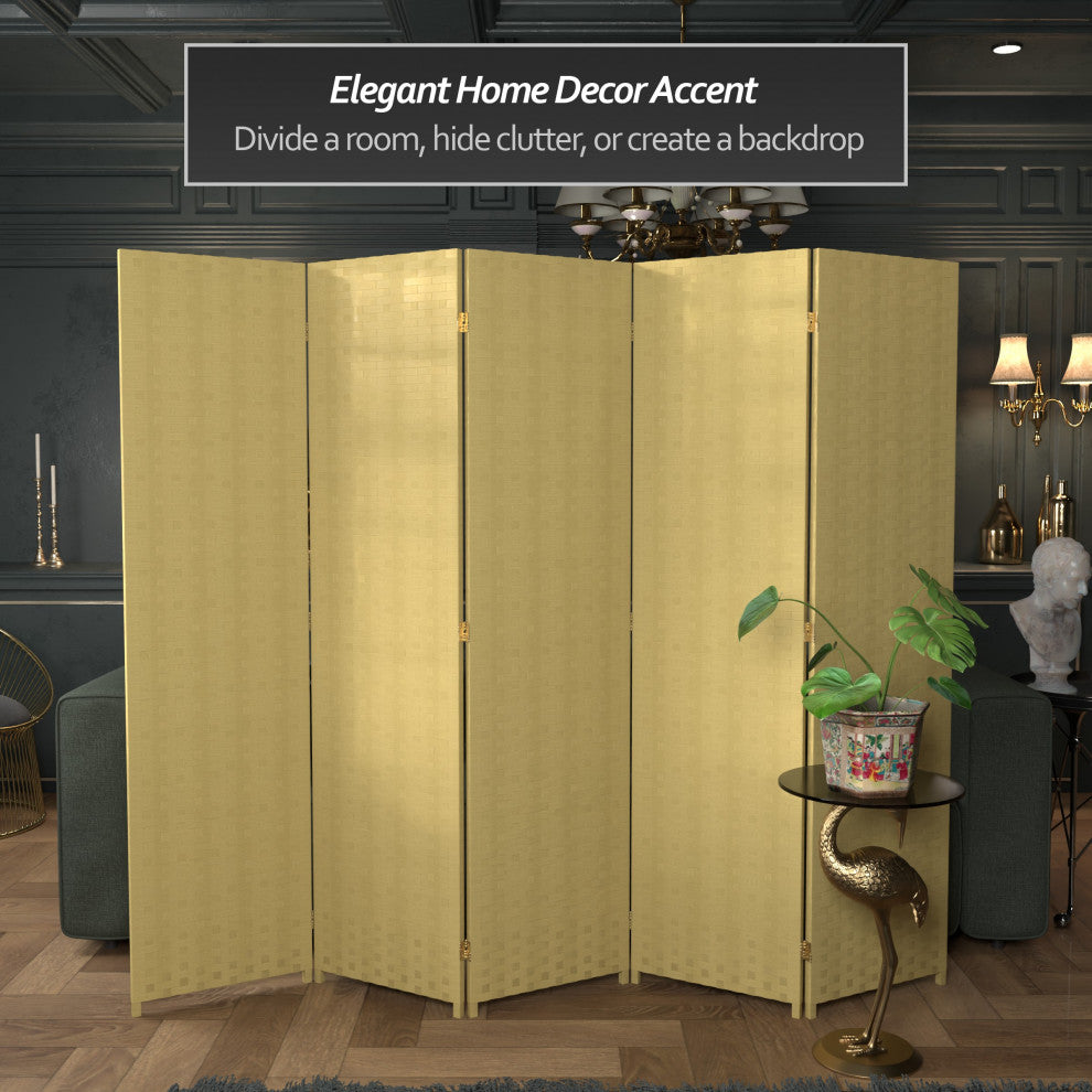 6' Tall Woven Fiber Room Divider, 5 Panel, Dark Beige