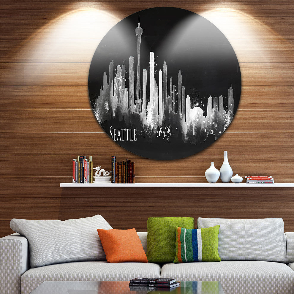 Seattle Dark Silhouette, Cityscape Painting Round Wall Art, 11"
