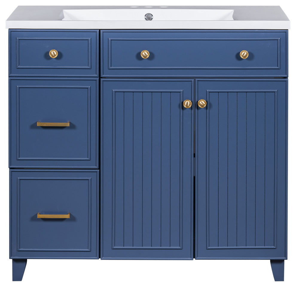 36 Inch Bathroom Vanity, Transitional Style Bathroom Cabinet with Resin Sink, Navy Blue
