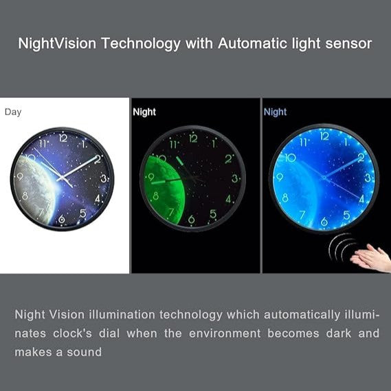 12" Night Light Wall Clock, Silent Battery-Operated LED Wall Clocks
