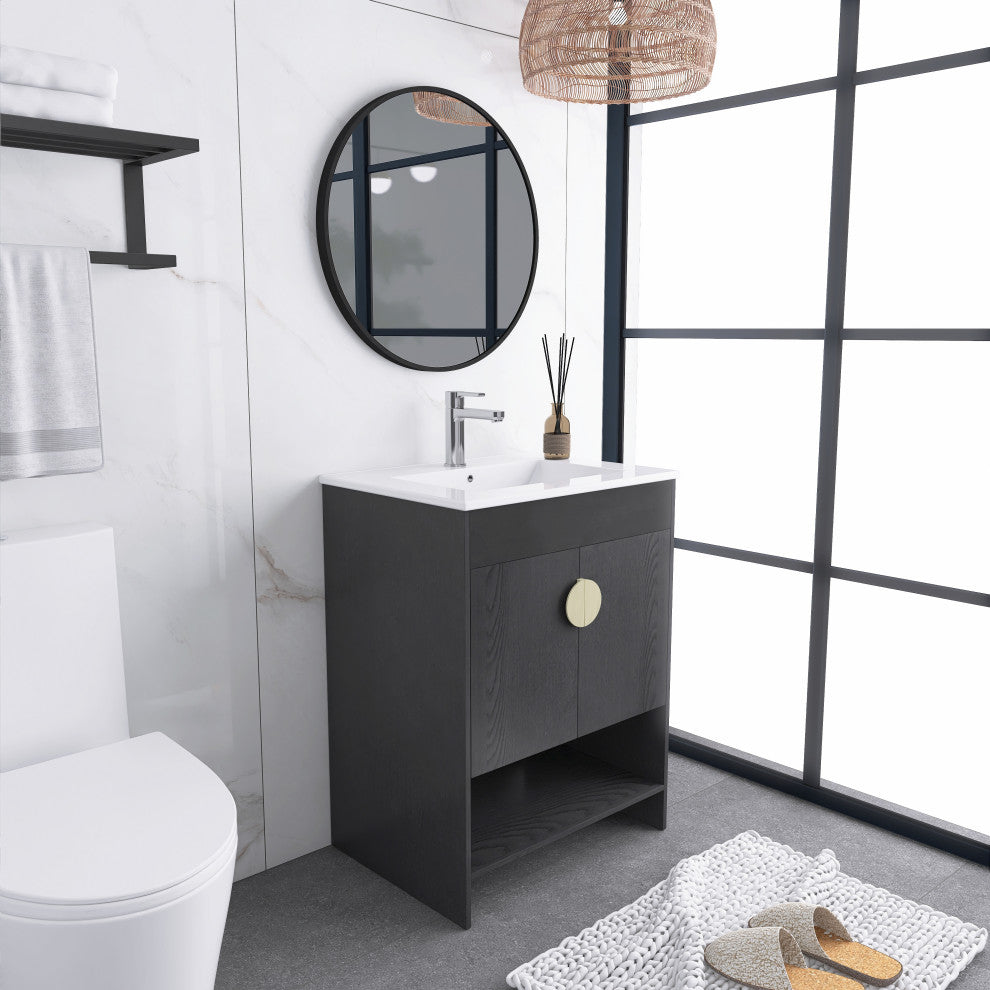 Plywood Freestanding Bath Vanity Set, Integrated Ceramic Sink, Black, 24" X 18"
