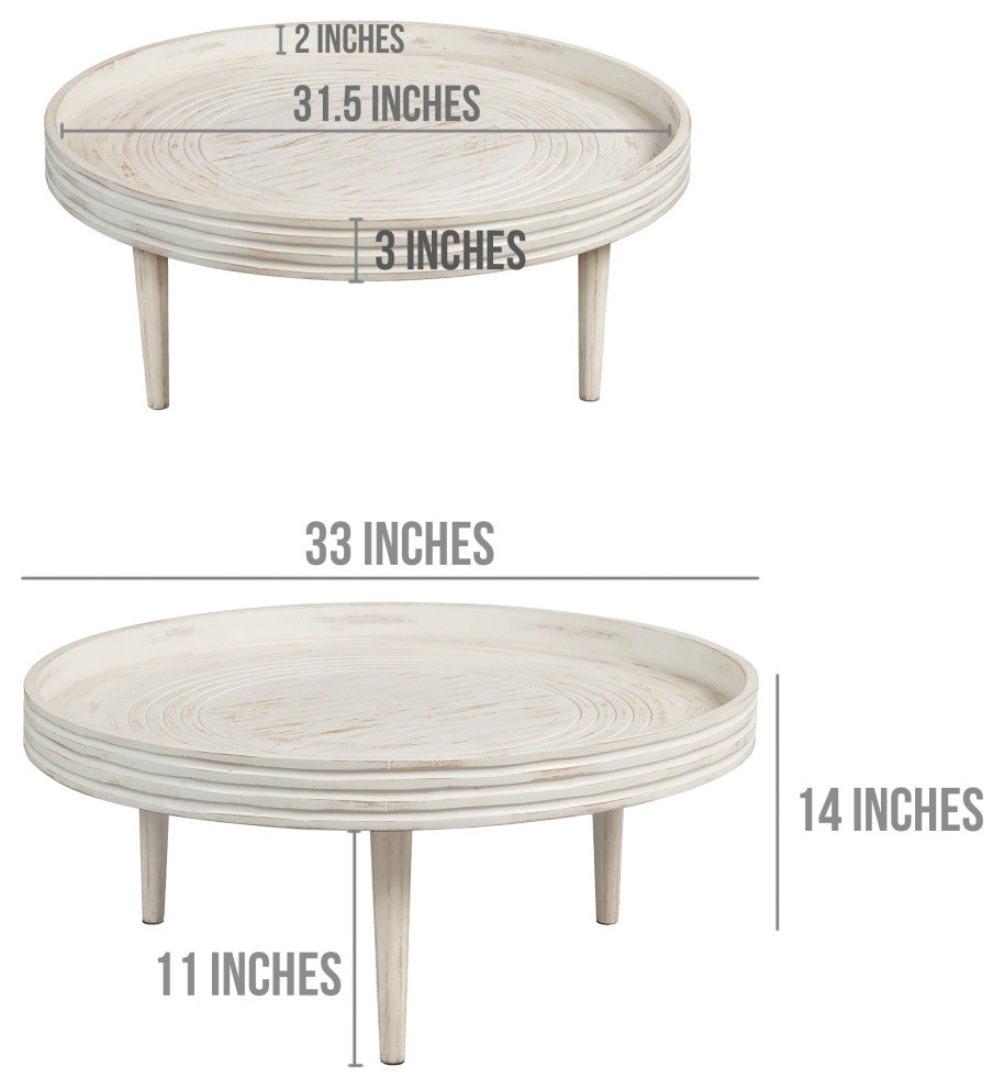 33" Coffee Table Mango Wood Round Top Grooved Edge Distressed White Finish