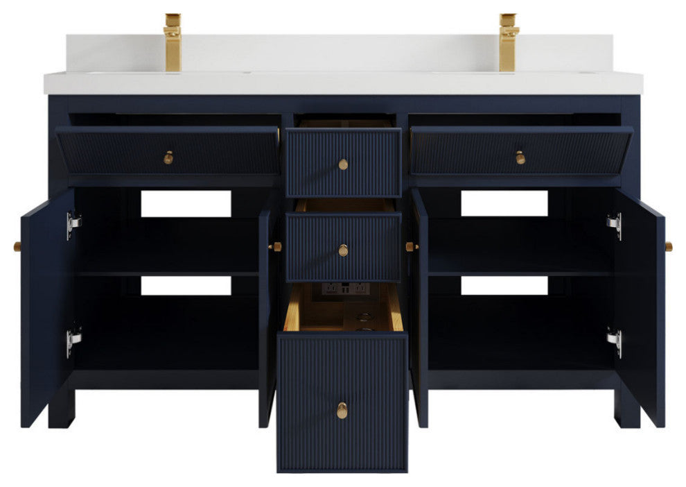 Sonoma 60 Double Sink Reeded Bathroom Vanity in Hale Navy Blue 2" White Quartz