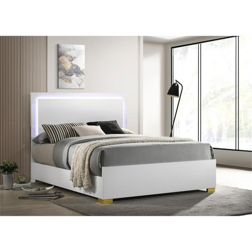 Pemberly Row Contemporary Wood Queen Bed with LED Lighting White and Gold