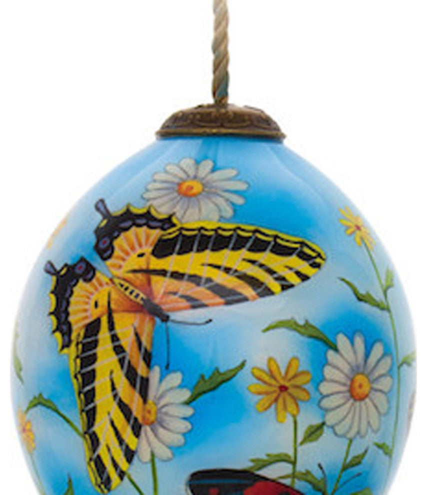 Daisy Delight and Butterflies Hand Painted Mouth Blown Glass Ornament