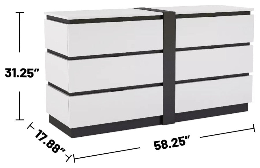 Wooden 6 Drawers Dresser in White and Metallic Gray