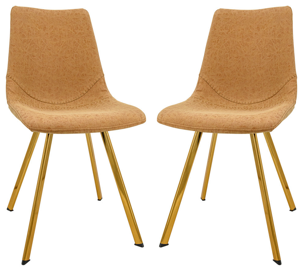 LeisureMod Markley Leather Dining Chair With Gold Legs Set of 2, Light Brown