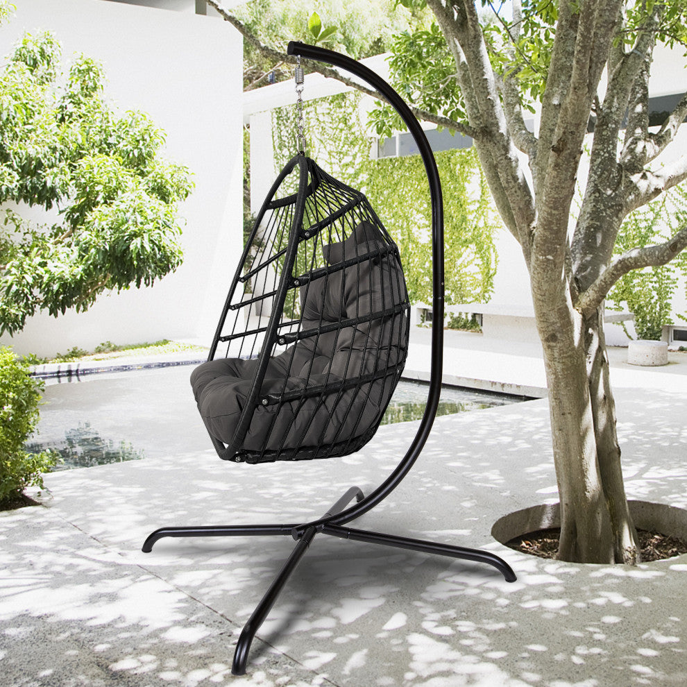 Outdoor Rattan Swing Chair Hanging Egg Chair With Cushion and Pillow, Dark Gray