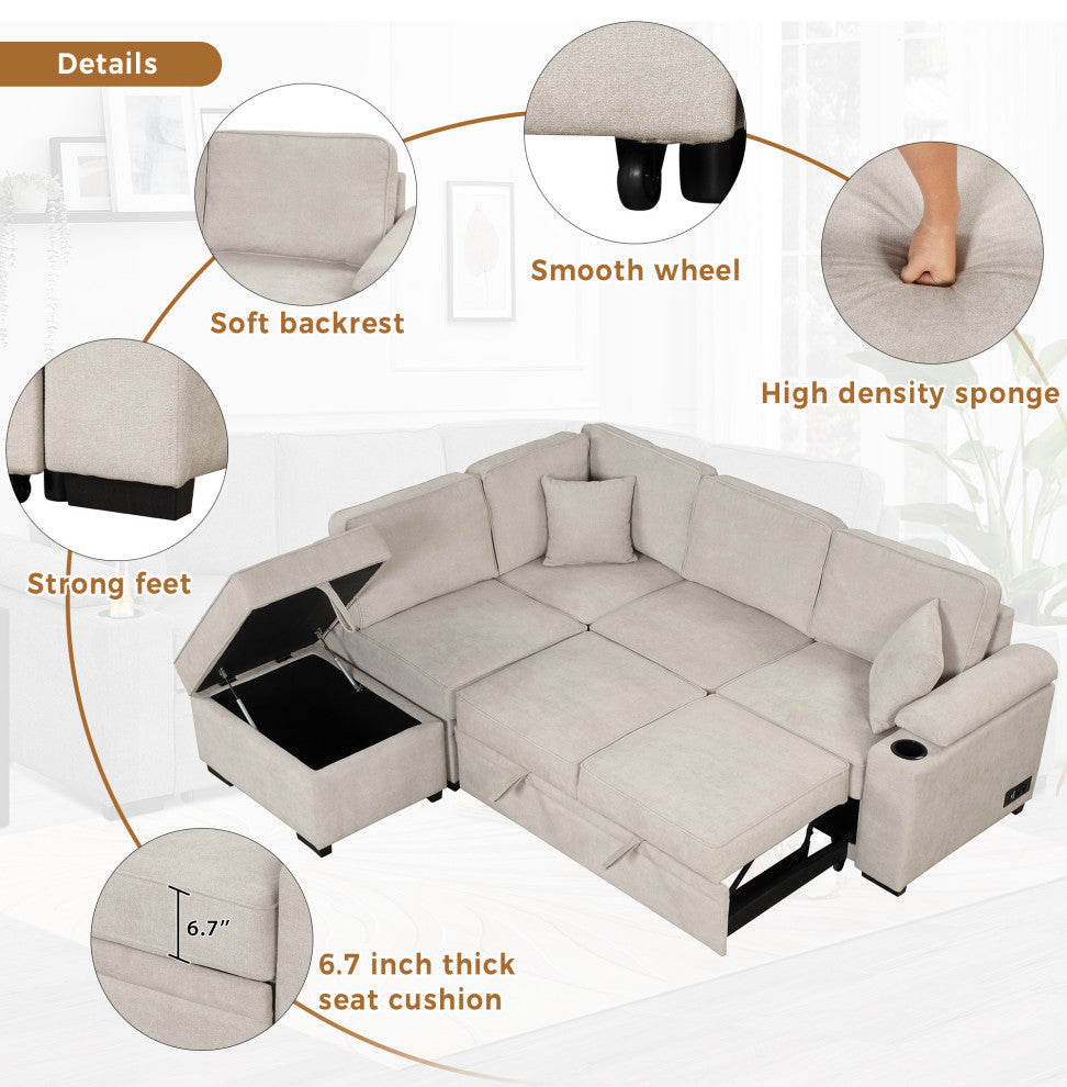 Gewnee 87.4" Sleeper Sofa Bed, 2, 1 Pull Out Sofa Bed L Shape Couch