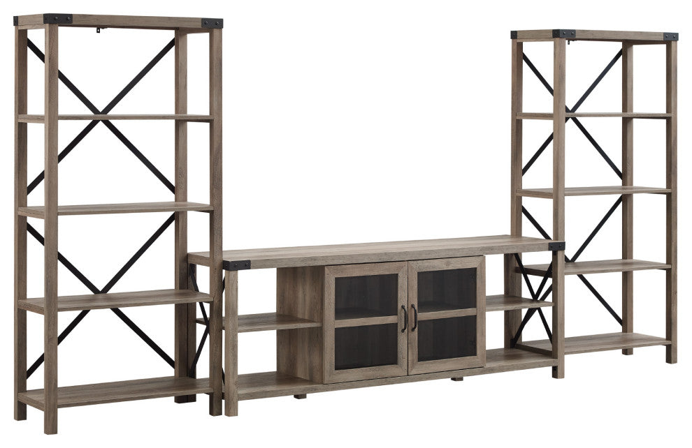 Metal X Accent Wall with 70" Glass Door TV Console - Grey Wash