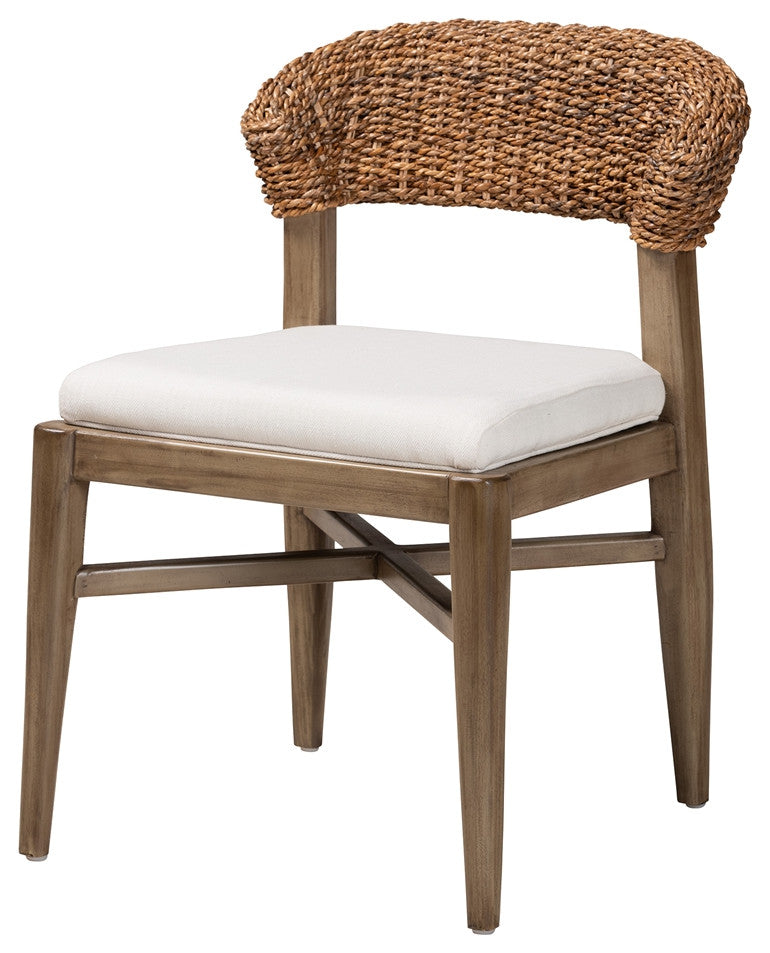 Modern Bohemian Walnut Brown Finished Mahogany Rattan Dining Chair