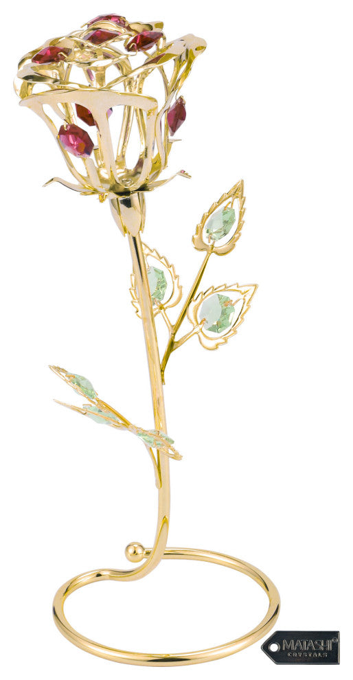 Matashi 24K Gold Plated Rose Flower Tabletop Ornament w Red Pink Green Crystals