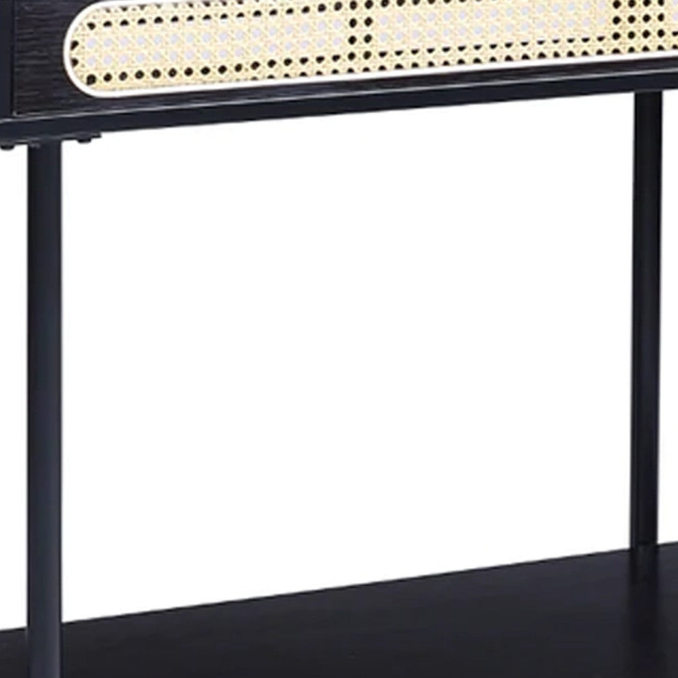 Benzara BM275489 Oblong Console Table, Rattan Apron Accent, Metal Legs, Black