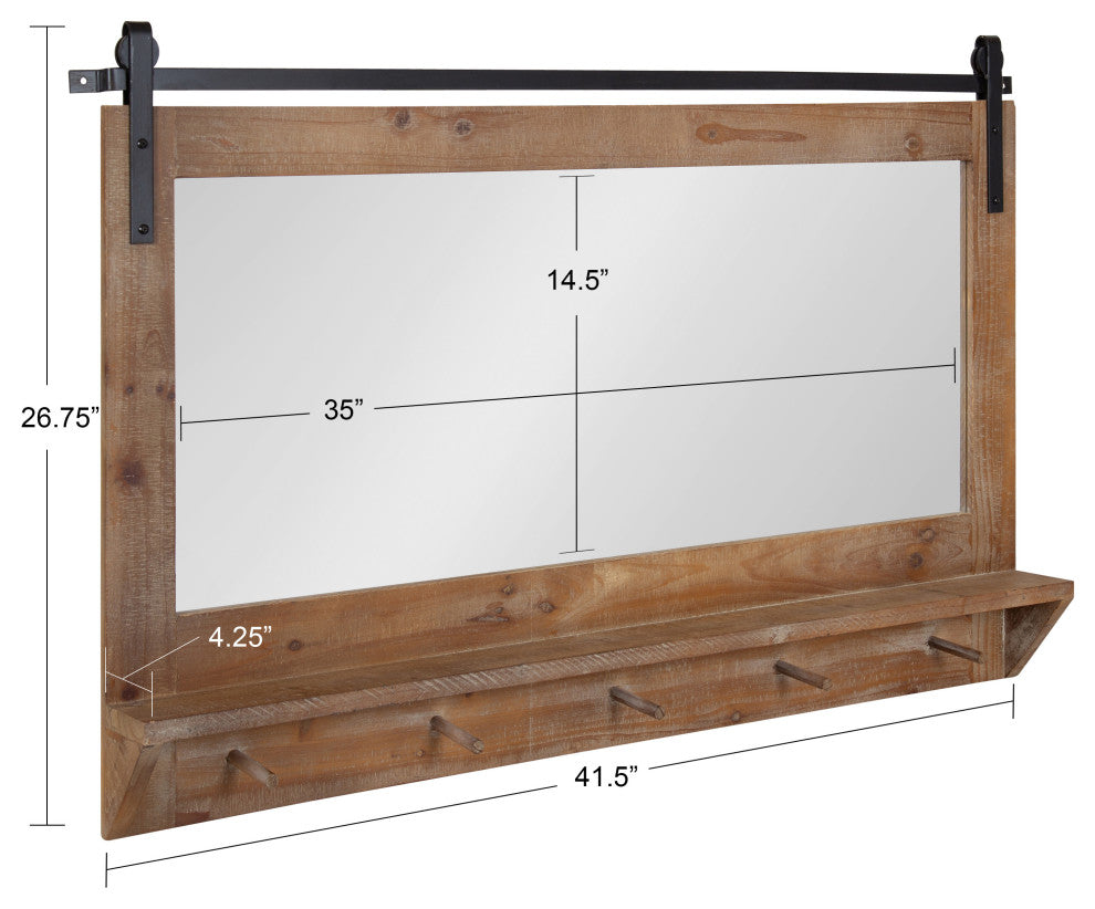Cates Framed Wall Mirror with Shelf and Hooks, Rustic Brown 42x27