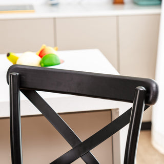 Black Steel Bar Stool With Solid Elm Wood Seat and Back Support, Set of 2