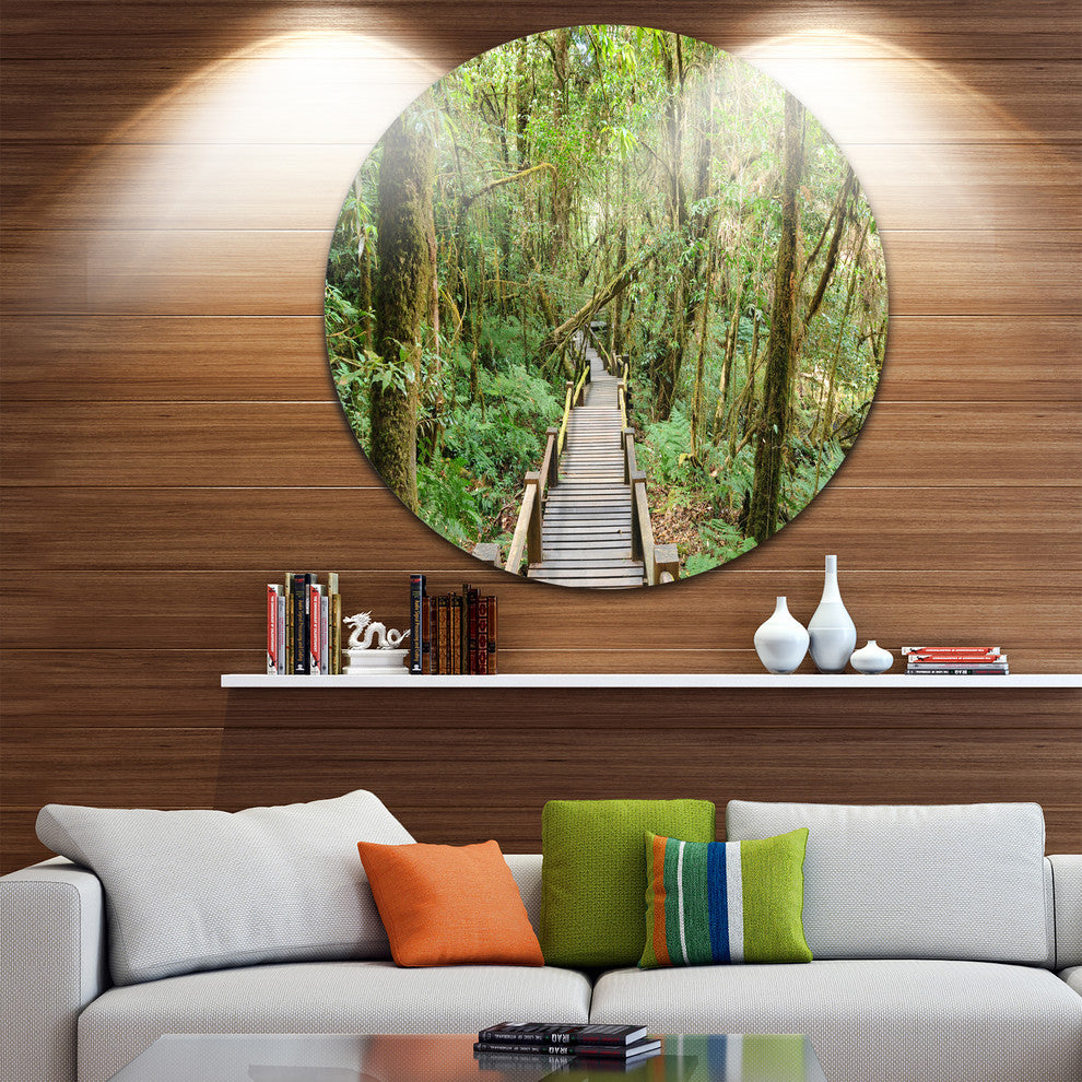Walk Way In Deep Forest, Landscape Photo Disc Metal Wall Art, 11"