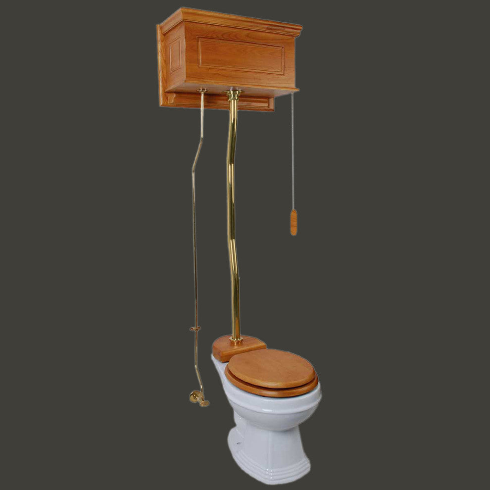 High Tank Toilets White Raised Panel Cherry Finish Round Z-Pipe, White, Brass, Light Oak