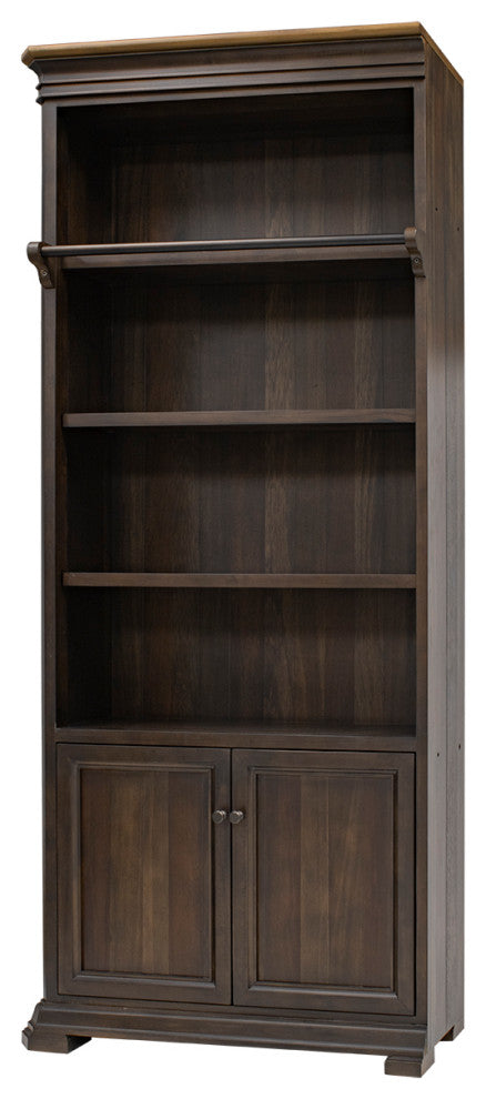 Executive Bookcase Wall With Wood Ladder, Fully Assembled, Brown