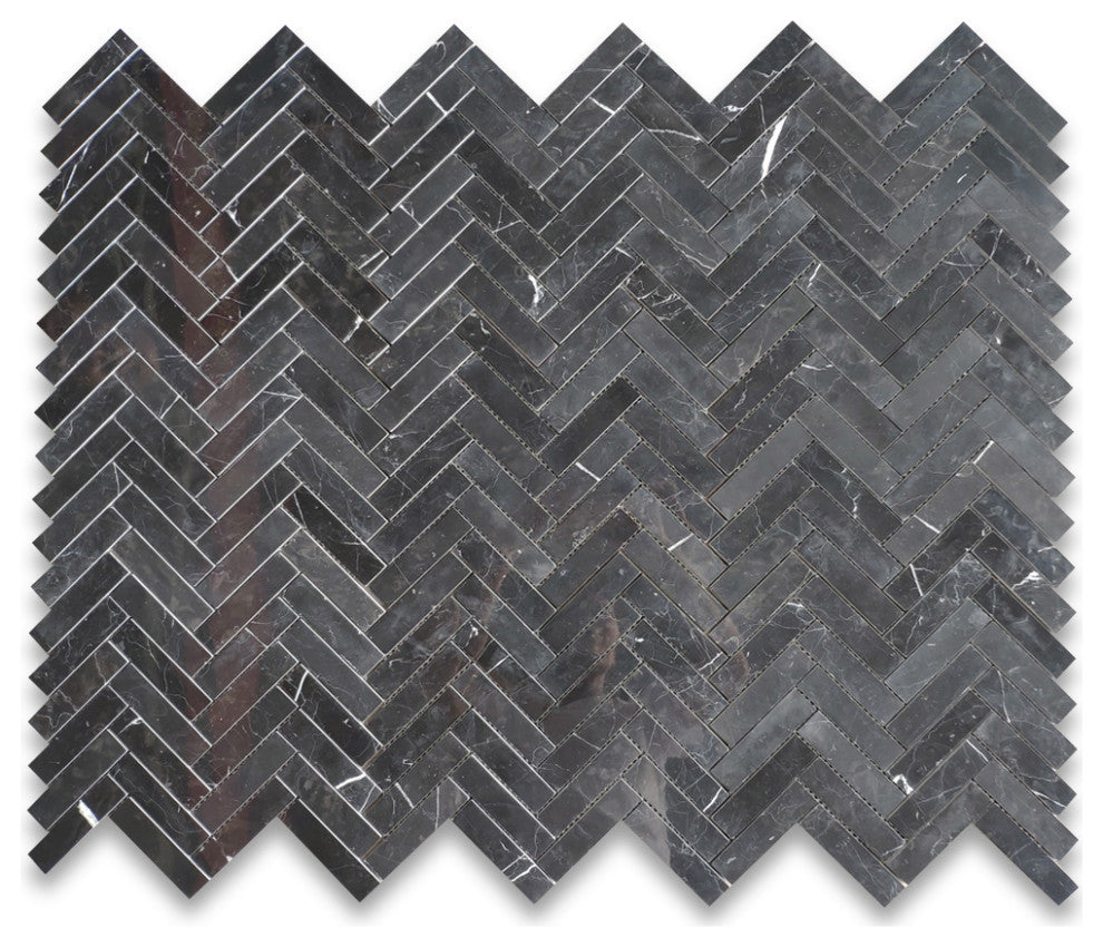 Nero Marquina Black Marble 1x4 Herringbone Mosaic Tile Polished, 1 sheet