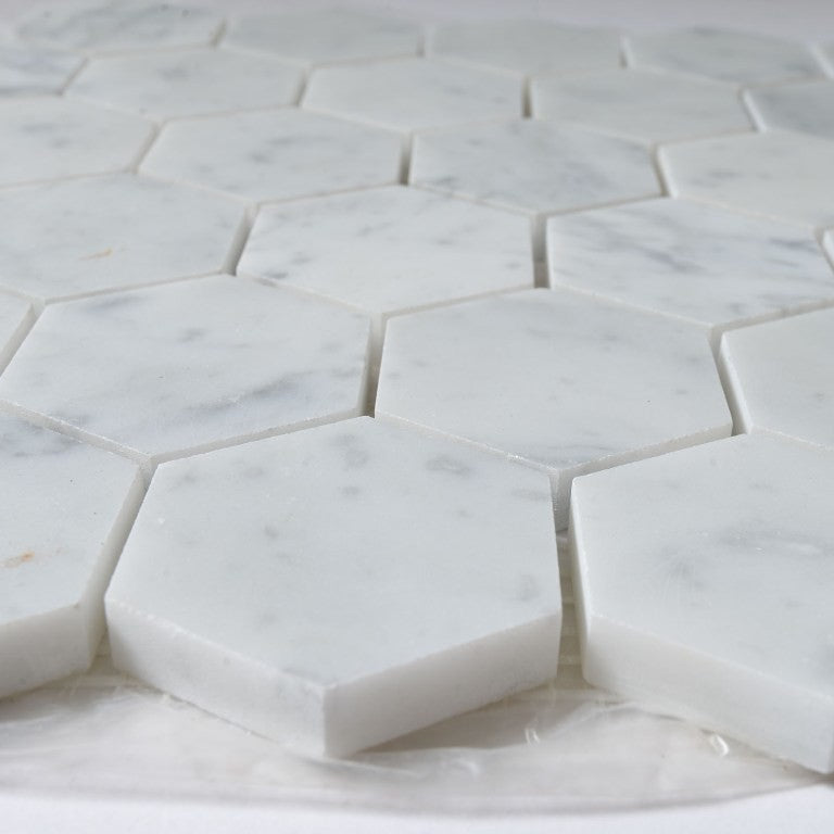 Carrara White Hexagon Polished Tile, 12"x12", Set of 30