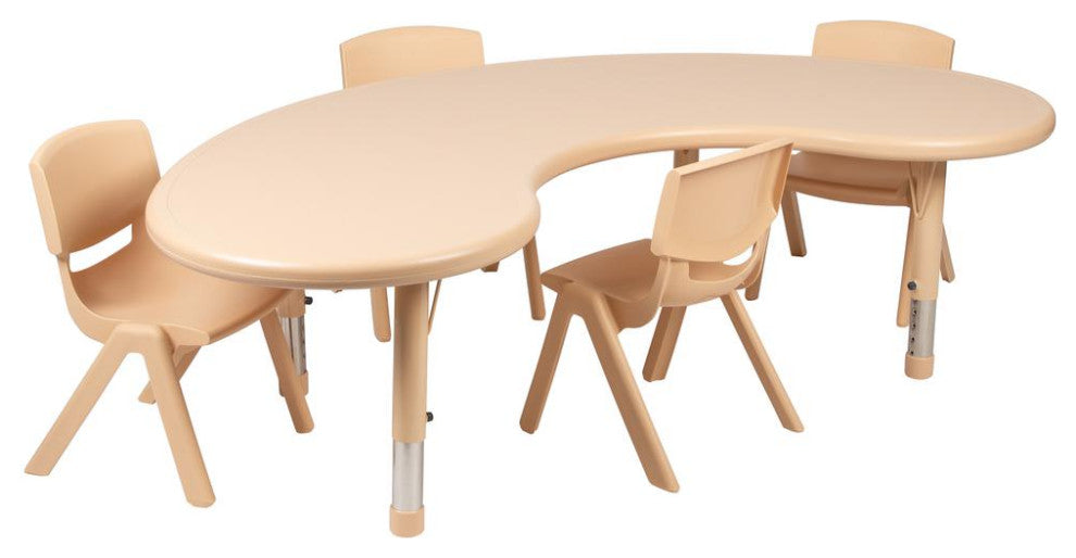 35"x65" Half-Moon Plastic Height Adjustable Table Set With 4 Chairs, Natural