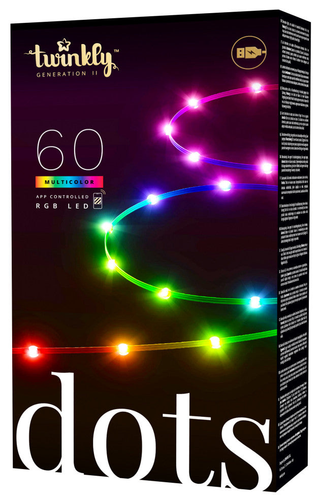 Twinkly Dots Indoor Smart Light String 60 RGB LEDs, Black Wire, Light Decor, 10'