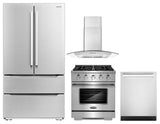4 Piece, 30" Gas Range 30" Range Hood 24" Dishwasher & Refrigerator