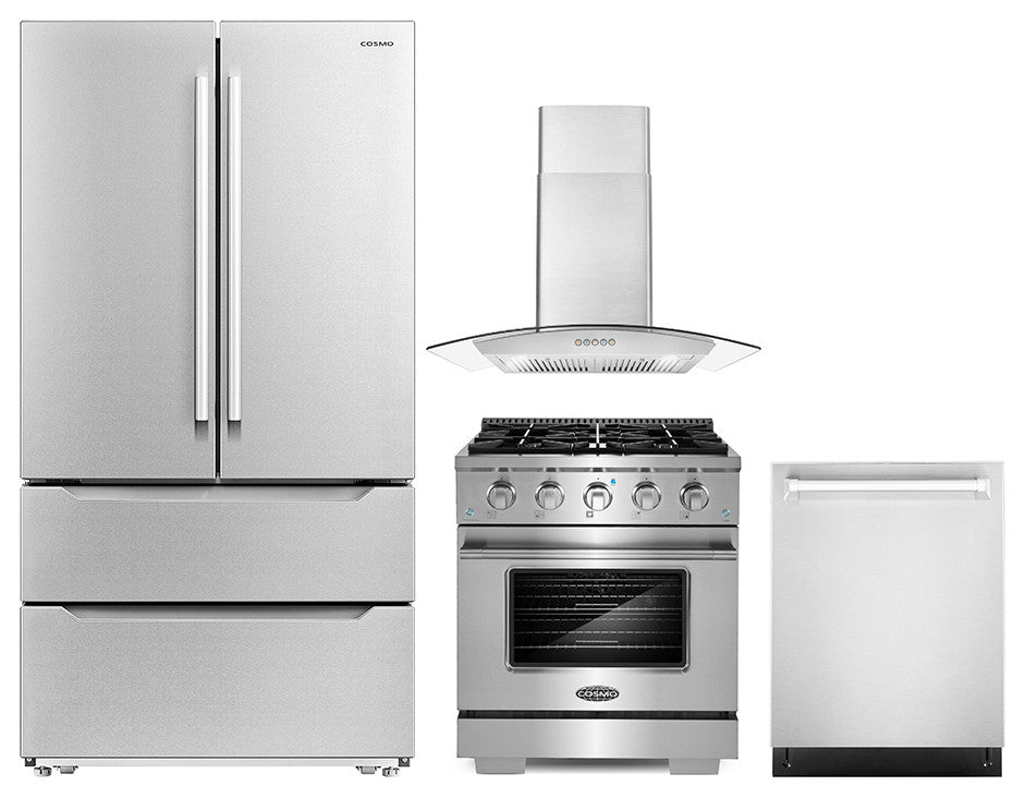 4 Piece, 30" Gas Range 30" Range Hood 24" Dishwasher & Refrigerator