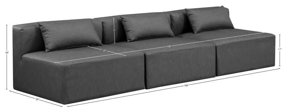 Cube Upholstered Modular Sofa, Grey, 3-Piece: 3 Armless Chair, Vegan Leather