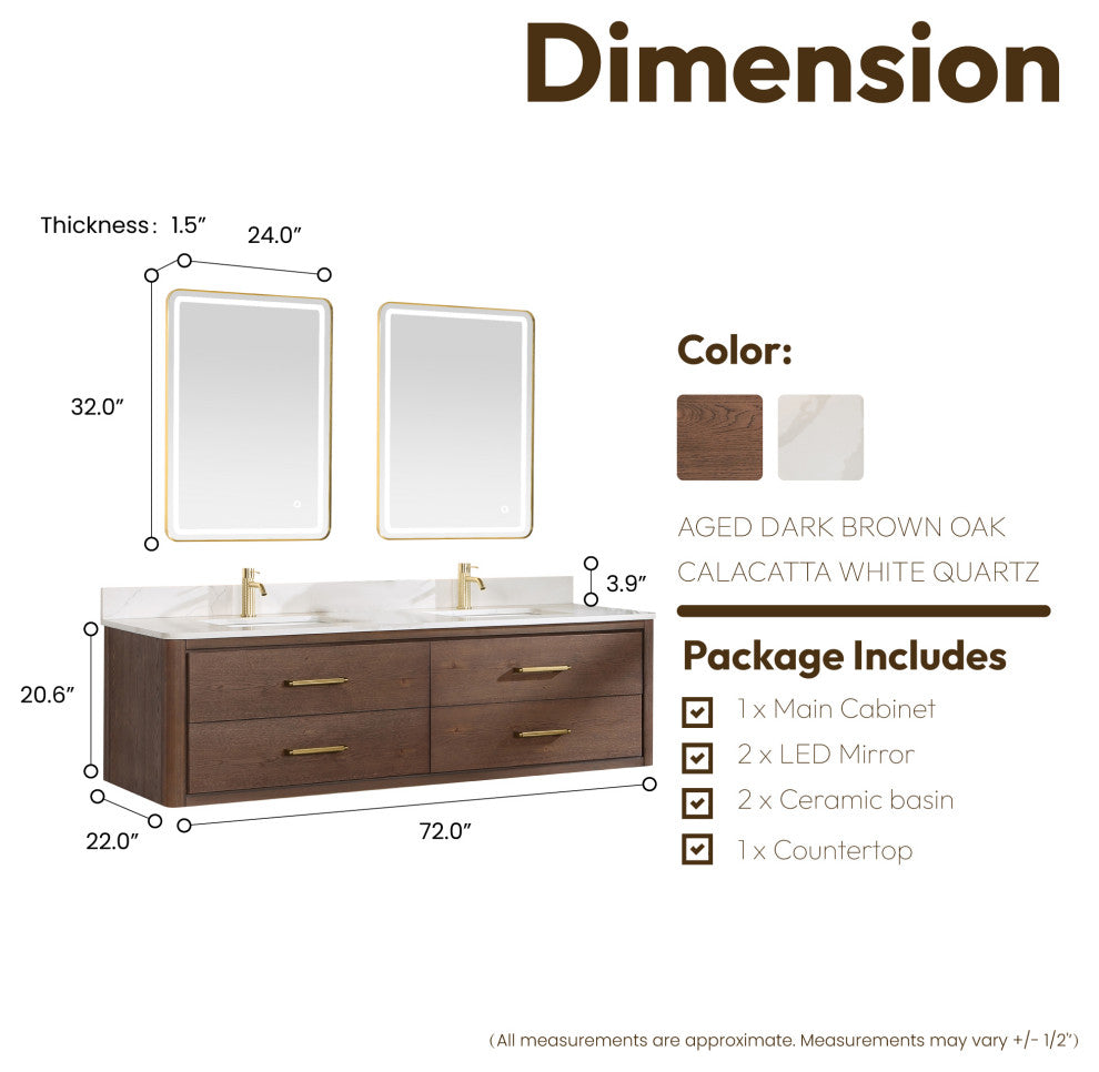 Cristo Floating Bath Vanity With Stone Top, Aged Dark Brown Oak, 72in., With Mirror