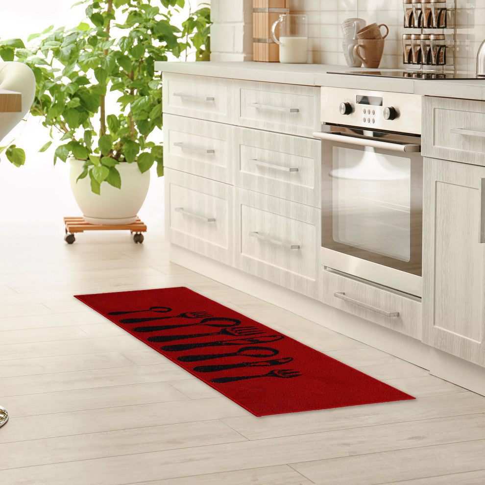 Wool-Effect Kitchen Mat With Chic Cutlery Print, Red, 48x20