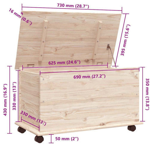 vidaXL Storage Chest Storage Trunk Toy Box with Wheels ALTA Solid Wood Pine, Natural, 1 Pcs