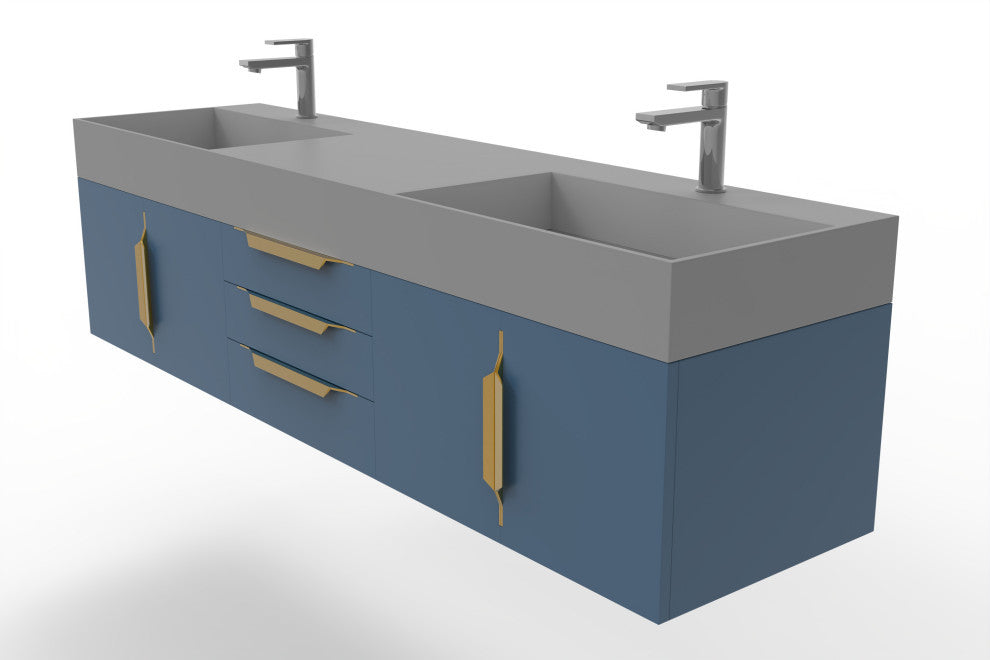 CastelloUSA Amazon 72" Wall Mounted Vanity Set, Blue, Gray Top, Gold Handles